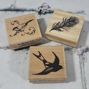 Rubber Stamps Lot Of 3‎ Birds Finch Dove Feather 2" Wood Mounted Hampton Art